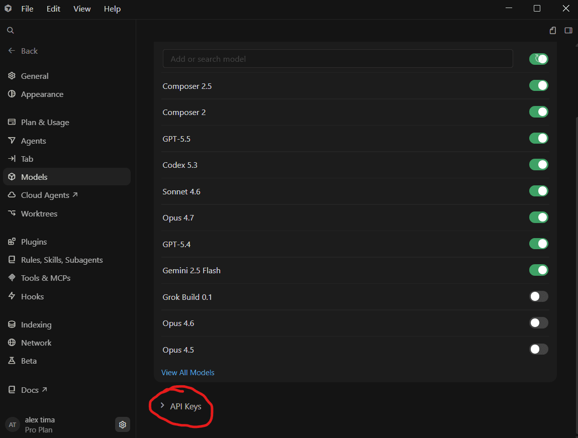 Страница Models в Cursor, внизу секция API Keys